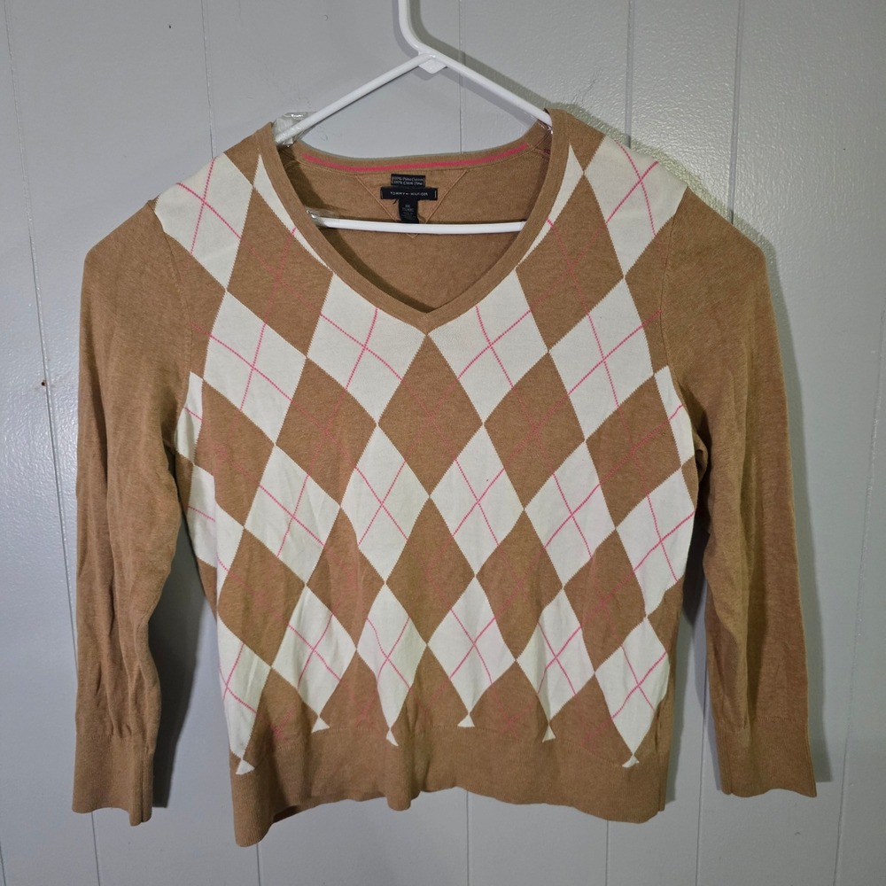 Tommy Hilfiger Women's XXL V-Neck Argyle Sweater Tan Pink White 100% Pima Cotton
